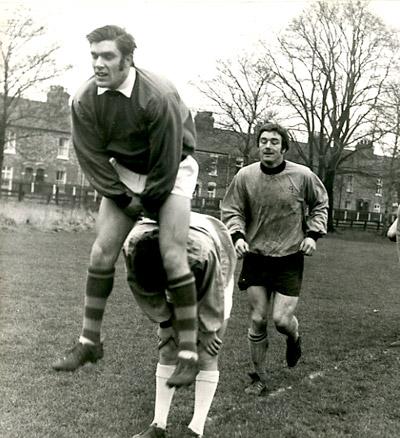 John Mackin leads a round of leap-frog followed by Kevin McMahon and Phil Burrows