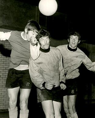 York City players Phil Boyer, Dick Hewitt and Paul Aimson go up to meet a high ball during a training session at the York University Sports Centre in preparation for a second round FA Cup tie at Boston.