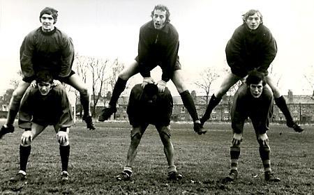 31/12/70: Leap-frogging over John Mackin, Albert Johanneson and Chris Topping, are Keith Newman, Ron Hillyard and Tommy Henderson ahead of a third round FA Cup tie against Bolton Wanderers