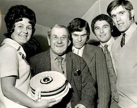 12/03/71: City's oldest supporter, Harry Lakeman, gets a surprise 80th birthday cake and best wishes from Bobby Sibbald, Ian Davidson and John Mackin at Tholthorpe's supporters' club branch. Mrs Margaret Smith holds the cake, which she baked herself.