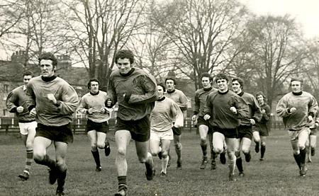 19/01/71: City players in training for the FA Cup tie against Southampton - John Mackin, Dick Hewitt, Stuart Tasker (apprentice), Ian Davidson, Bobby Sibbold, Kevin McMahon, Chris Topping, Phil Burrows, Peter Hearnshaw, Ron Hillyard and Tommy Henderson.
