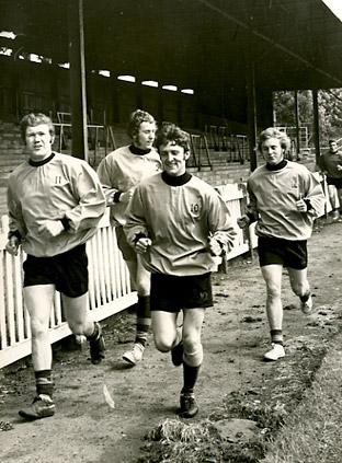 10/07/70: York City players limbering up for the start of the season - Archie Taylor, Ron Hillyard, Dick Hewitt and Paul Maloney.