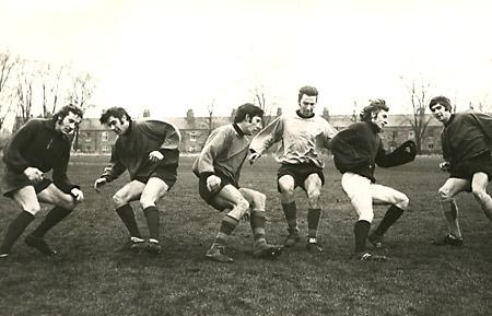 Quick turnabouts in training - Ron Hillyard, John Mackin, Chris Topping, Tommy Thompson, Tommy Henderson and Keith Newman.