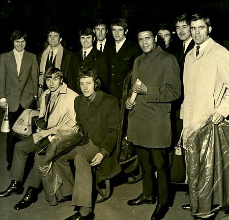 York City team at York Station before leaving for the FA Cup replay at Southampton. Bobby Sibbald, Dick Hewitt, Tommy Henderson, Phil Burrows, Ron Hillyard, Chris Topping, Paul Aimson, Albert Johanneson, Ian Davidson, Kevin McMahon, John Mackin