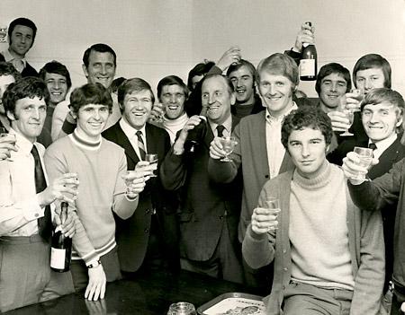 29/04/71: York City celebrate promotion to the Third Division with champagne after the morning training session.