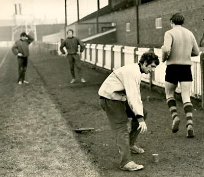 York City in training for their FA Cup tie against Boston. Paul Aimson doing short sprints with Archie Taylor (right) and Bobby Sibbald and Barry Swallow.