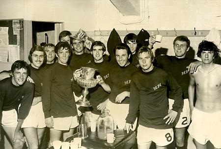 19/08/70: York City Reserves Team celebrate after beating Billingham 2-1 in the North Riding Senior Cup. Pictured: Tasker, Dale, Solan, Hewitt, Gadsby, Hearnshaw, Newman, Thompson, Barker, Maloney, Swales, Jones.
