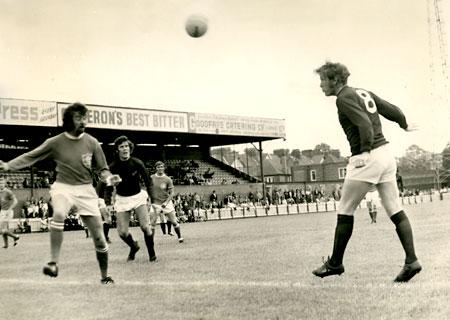 29/07/72: Jimmy Seal, the York City newcomer puts in a header that almost beat the Queen of the South 'keeper Ball.
