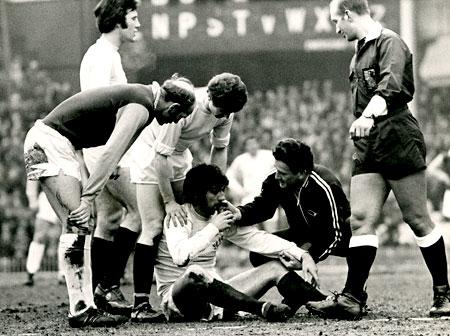 05/02/72 - Aston Villa 1, York City 0: Laurie Calloway gets treatment from Ron Spence after being felled by a free kick from Aston Villa's £100,000 buy Bruce Rioch. Also pictured are Andy Lochhead, Chris Topping, Phil Burrows and referee Tom Reynolds