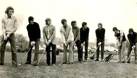 27/04/72: York City players warm up for a round of golf at Pike Hills. From left: Ron Hillyard, John Woodward, Tommy Henderson, Paul Aimson, Pat Lally, Chris Topping, Barry Swallow, Laurie Calloway and Dave Chambers