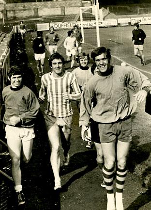 05/10/71 - Sheffield United 3, York City 2 (League Cup round 3): City players in training for the tie that evening. From left: Kevin McMahon, Tommy Henderson and John Mackin. Behind: Calloway, Swallow, Chambers, Aimson and Rowles.