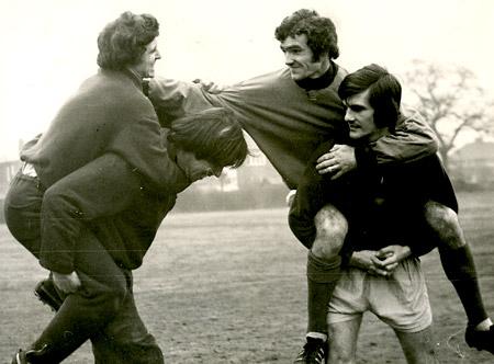 13/01/73 - City players doing some light-heart strengthening exercises ahead of the FA Cup tie against Oxford. Graeme Crawford, John Woodward are the horses, and Phil Burrows and Pat Lally the jockeys.
