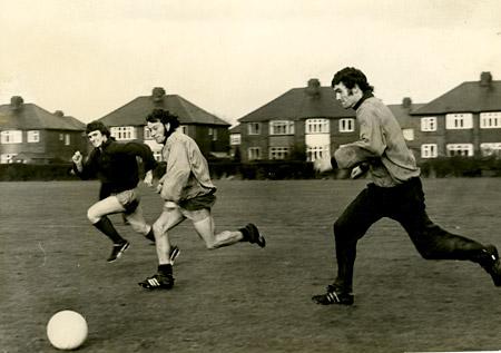 06/12/72 - York City trio at full stretch during a training session. Phil Burrows, Brian Pollard and Pat Lilly.