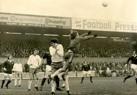 18/11/72: York City 2, Mansfield Town 1 - Brown, the Mansfield keeper, punches away a Burrows free kick in the FA Cup tie at Bootham Crescent.