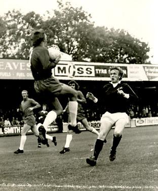 23/09/72: York City 0, Oldham 0 - Dowd, races out of his goal to beat City forward Seal to the ball.