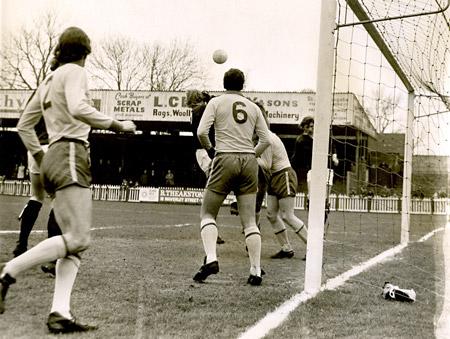14/04/73 - York City 1, Rochdale 2 - Rochdale goalkeeper Morritt punches out a dangerous City corner.