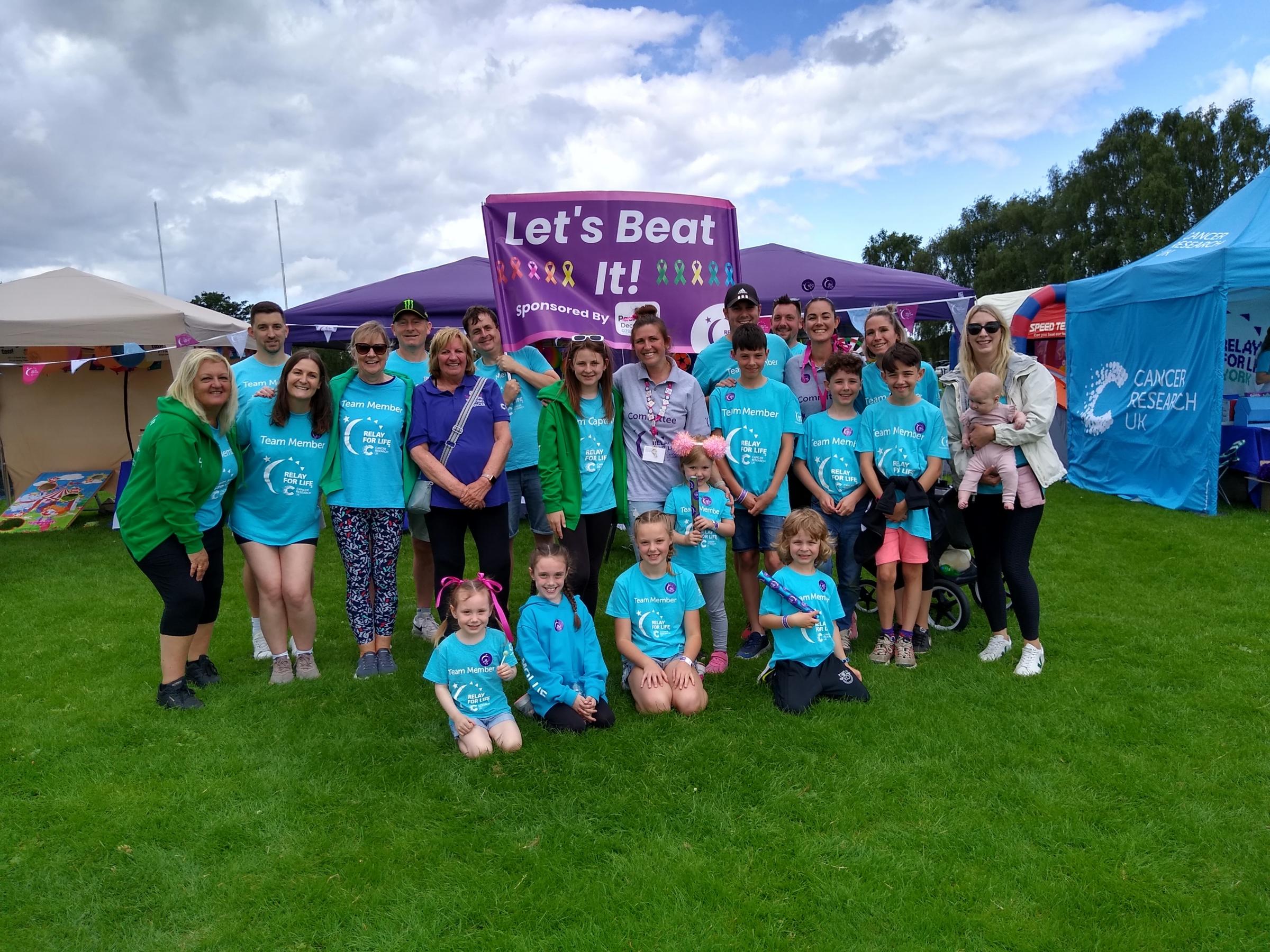 The double Coverdale family team Lets Beat It at the 2023 York Relay for Life for Cancer Research UK