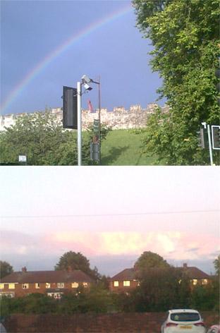 "What a difference 2 hours makes" - 18:30:
Rainbow over the walls
at York station... 20:30:
Cloud cliffs over the River Foss at Yearsley Crescent. Pictures: Timothy Harris