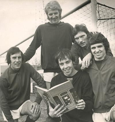 16/11/73 - Scanning through the book of records are 'keeper Graeme Crawford with fellow defenders Chris Topping, Barry Swallow, Phil Burrows and John Stone. The City defence kept 11 successive league clean sheets in 1973/4.