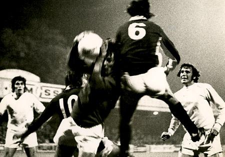 1/10/73: York City 0, Chesterfield 0 - Chesterfield 'keeper Phil Tingay gives his defenders an anxious moment as he jumps to take the ball, as City's Chris Topping tries to make contact.