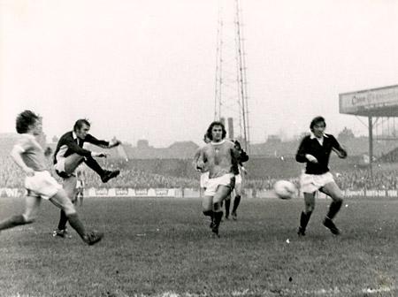4/12/73: York City 0, Manchester City 0 (League Cup) - Jimmy Seal puts in a hard drive as a Manchester defender closes in.