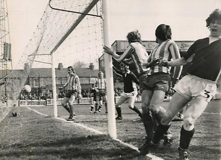 30/03/74 - York City 3, Brighton 0: Phil Burrows turns jubilantly away after scoring the first goal in the 3-0 win. Barry Swallow also looks delighted in the centre of the picture.