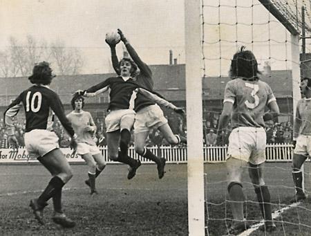 21/11/73 - York City 0, Manchester City 0 League Cup: Barry Swallow is just beaten to the ball by Manchester goalkeeper, Keith McCrae, after a corner