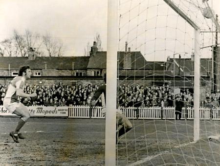 16/03/74 - York City 2, Bristol Rovers 1: Chris Jones (partly hidden) crashes the ball into the rook of the net after a Ian Holmes cross.