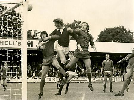 01/09/73: York City 1, Halifax 1 - City Captain Barry Swallow in the thick of things at Bootham Crescent. He just fails to connect with a corner from Butler when under close pressure from Halifax defenders.