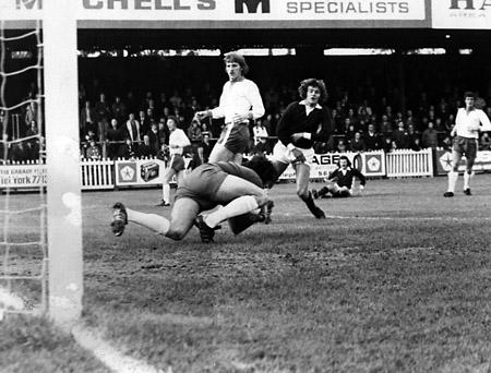 27/10/73: York City 2, Tranmere Rovers 0 - City wingman Brian Pollard finishes up in a sitting position after testing 'keeper Johnson with a low shot.