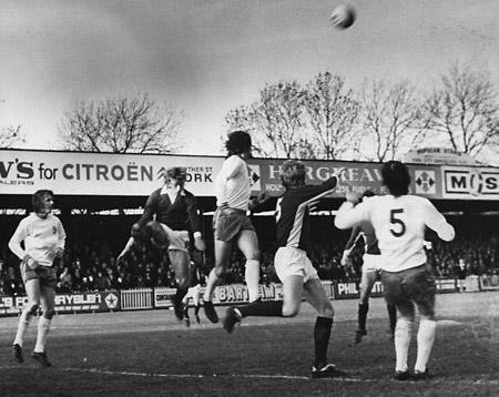 24/11/73: York City 0, Mansfield 0 (FA Cup) - Mansfield's Dudley Roberts heads clear a City corner.
