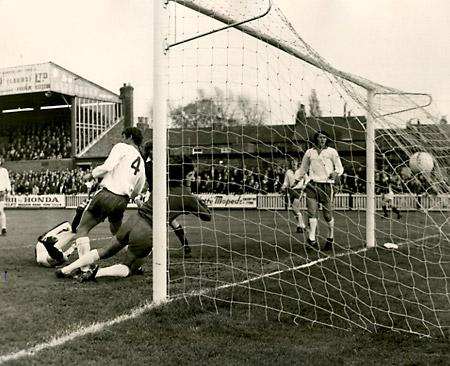 27/10/73 - York City 2, Tranmere Rovers 0: Skipper Barry Swallow (on ground) puts City in the lead as his shot flashes into the net. 