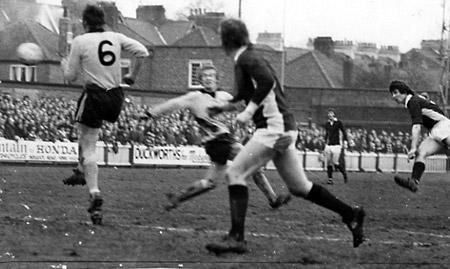 10/02/74: York City 2, Watford 2 - Phil Burrows is captured in mid-air (right), as a tremendous shot on the run flashes inches too high.