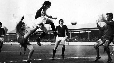 19/04/74 - York City 1, Southport 1: Barry Lyons leaps to get in a header after his first shot had been parried.