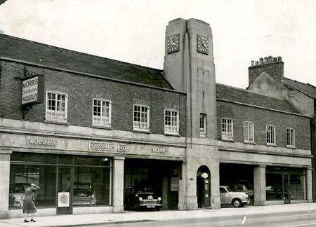 Forsselius Ltd in Blossom Street, York. The car showroom had been recently extended to the right in this picture from May 1957