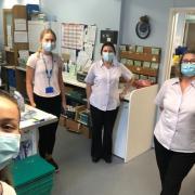 Trainees Elinor Botherway and Georgia Turton, with pharmacy dispensers Dawn and Jo, at Tadcaster Medical Centre