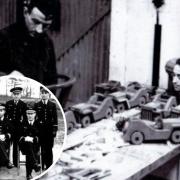 Mechanics from the French wartime squadron working on toys for York children during Christmas 1944, and inset, Commandant Francois Churet, middle front row, and his team