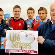 York City players, from left Andy Porter, Michael Gash, Daniel Parslow and Chris Carruthers with manager Martin Foyle put their support behind The Press’s Lifesavers campaign