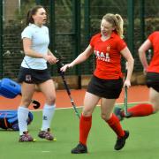 Laura Horne, who scored a hat-trick in City of York Ladies I's 3-2 win over Leeds II, turns away in celebration after scoring. Picture: Nigel Holland