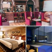 Photos via hotel management/Tripadvisor show the bar at the Grand (top), a bedroom in Hotel Indigo (bottom left) and a deluxe bedroom at Malmaison York.