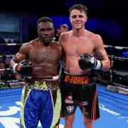York boxer George Davey (right) and opponent Serge Ambomo (left). Picture: Stephen Dunkley/Queensbury Promotions