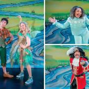 Jason Battersby as Peter Pan and Maddie Moate as Tinkerbell, left, with, top right, Faye Campbell as Emily Darling and Paul Hawkyard as Captain Hook, bottom right