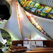The huge new stained glass windows created at the new Our Lady of Lourdes’ Chapel in the Philippines, designed by (inset) Helen Whittaker at her studio in Dunnington