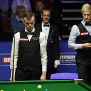 Ashley Hugill and Neil Robertson during day three at The Crucible, Sheffield. Picture: Tim Goode/PA Wire