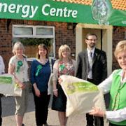 Sue Lamb welcomes Green Party candidates Ginnie Shaw, Denise Craghill, Alison Webb and Andy D’Agorne to the Solarwall energy centre, watched by Grant Henderson