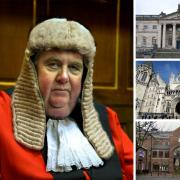 Judge Paul Batty KC with (inset top to bottom, York Crown Court, the Royal Courts of Justice, Carlisle Crown Court)