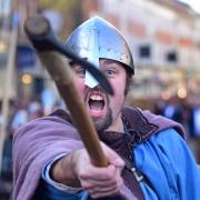 York's Viking march and battle go ahead today - despite Storm Otto. Pictured: Viking warriors during the march to Coppergate in 2019 (Image: Charlotte Graham)