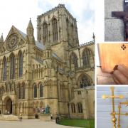 York Minster, with wooden crucifix, gold painted wooden crosses, and a section of York Minster roof timber with an oak kneeling desk/shelf and a piece of oak timber
