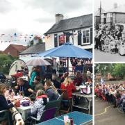 Main image: a 2022 street party in Naburn for the Platinum Jubilee of Queen Elizabeth II. Right top:  street party at Albion Avenue in York for the Coronation of Queen Elizabeth II in 1953; bottom, a Platinum Jubilee tea party at Naburn School