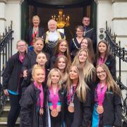 The team from Fantasy Cheer And Dance Academy with the Lord Mayor of York and the Civic Party on the steps of the Mansion House